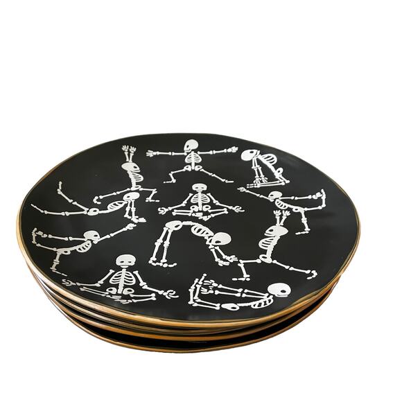 Eli + Ana Halloween Skeleton Namaste Yoga Dinner Plates 11" Set Of 4 Spooky New - Picture 7 of 10